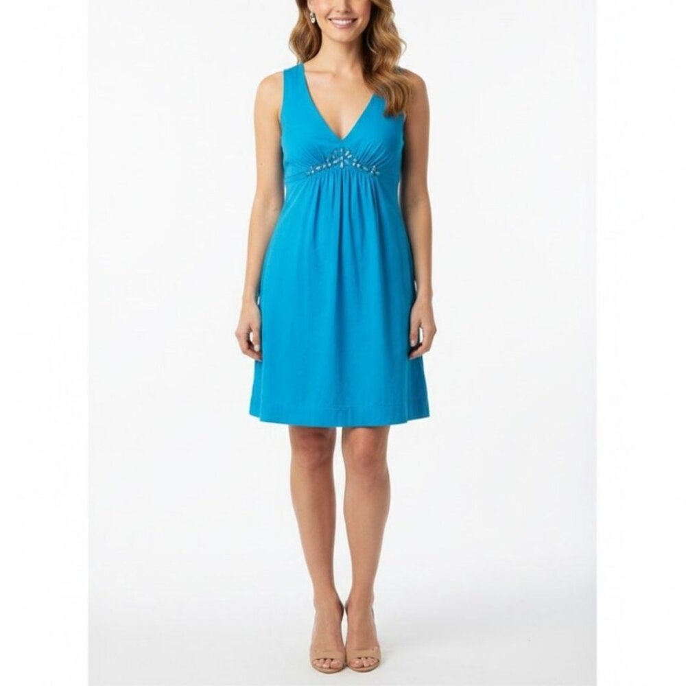 Ann Taylor LOFT Size 2P Turquoise 100% Cotton Sleeveless V-neck Jeweled Dress